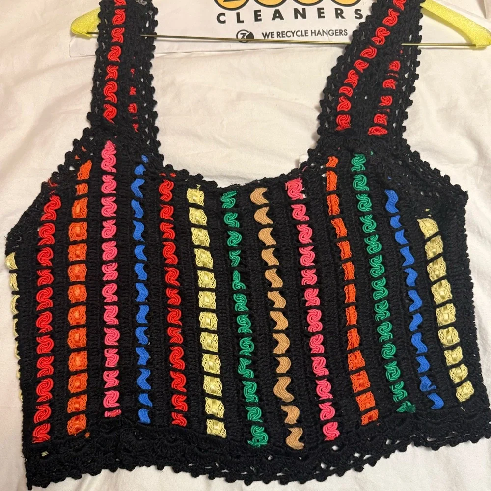 Alice + Olivia Lorri Crochet Crop Tank Top Black/Multi Size L - Picture 7 of 11